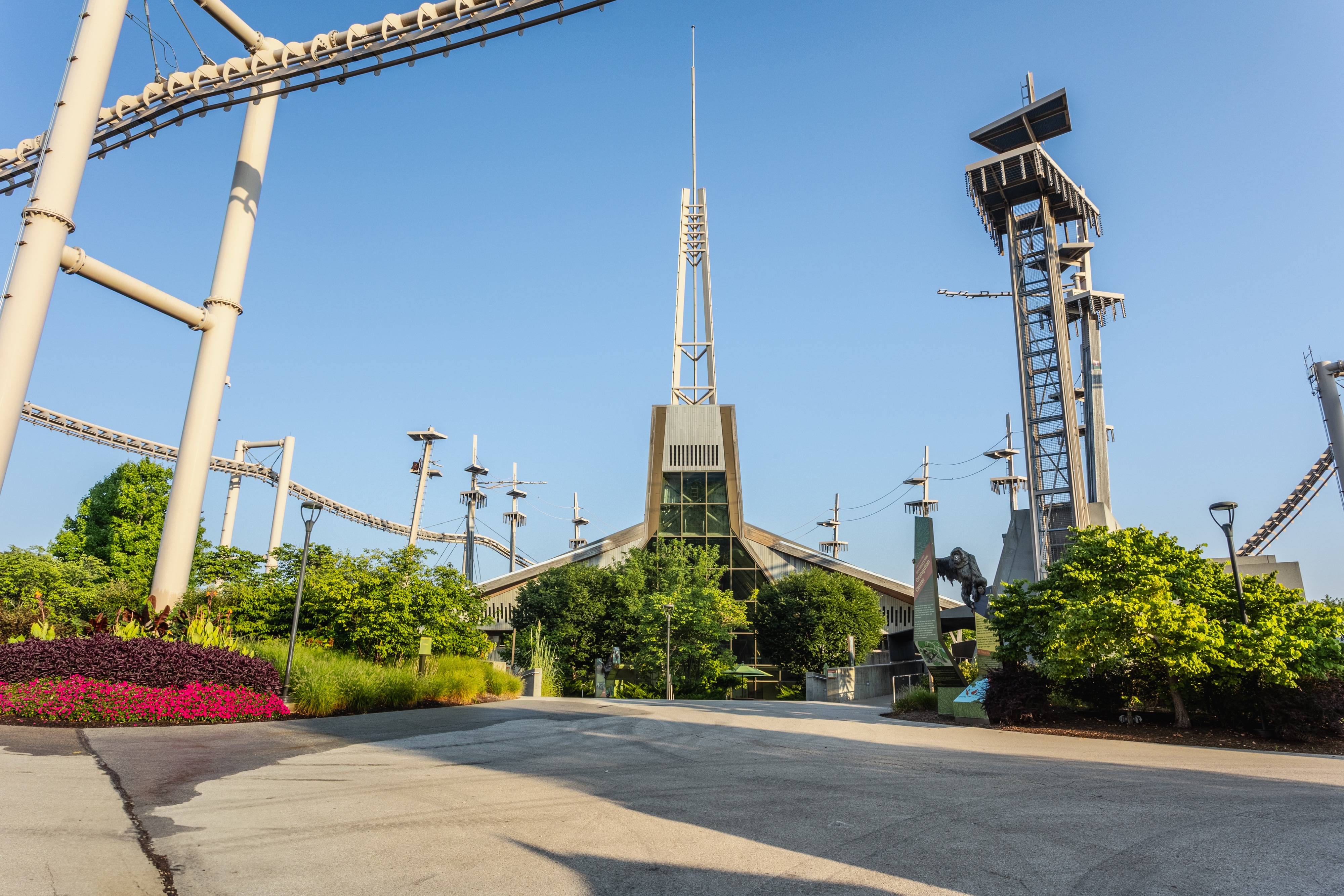 Simon Skjodt International Orangutan Center at the Indianapolis Zoo Simon Skjodt International Orangutan Center at the Indianapolis Zoo, featuring the aerial orangutan habitat, observation towers, and landscaped pathways in Indianapolis, Indiana